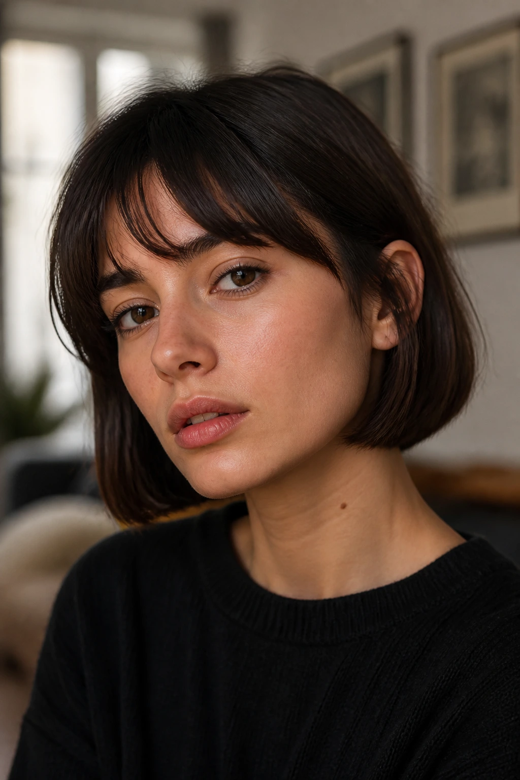 Close-up of a real woman with a jaw-length blunt bob under natural window light