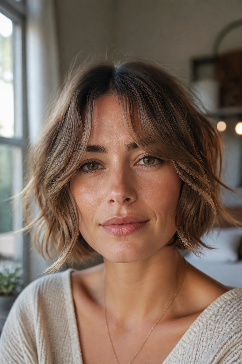 Close-up of a person with chin-length bob and curtain bangs by a window
