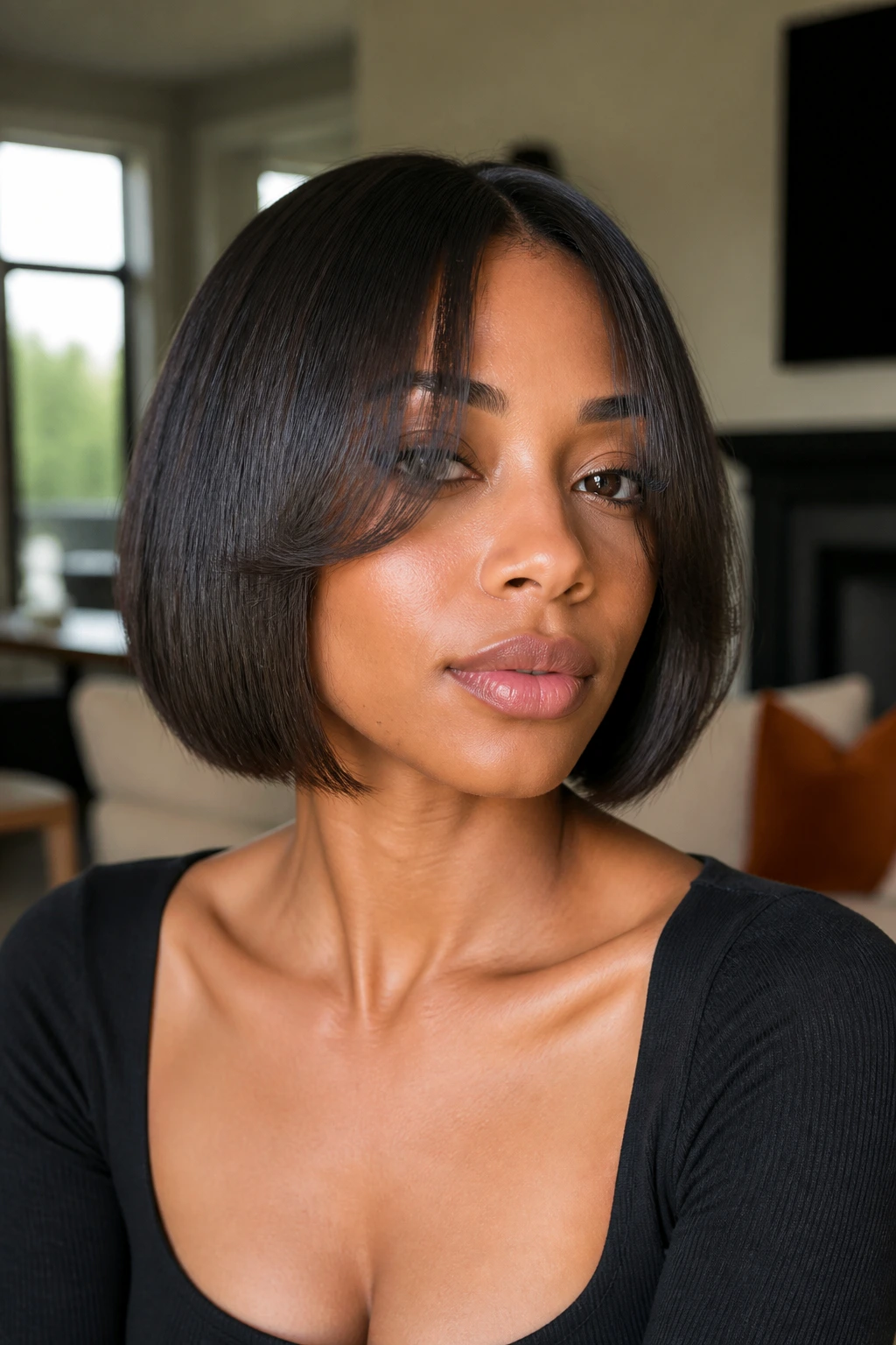 Close-up of a real woman with a chin-length blunt bob and curtain bangs in natural window light