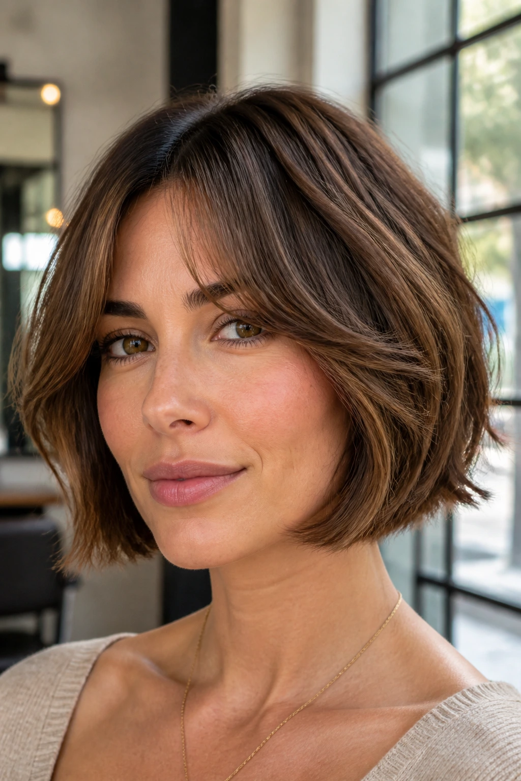 Close-up portrait of a woman with a chin-length textured bob and curtain bangs.