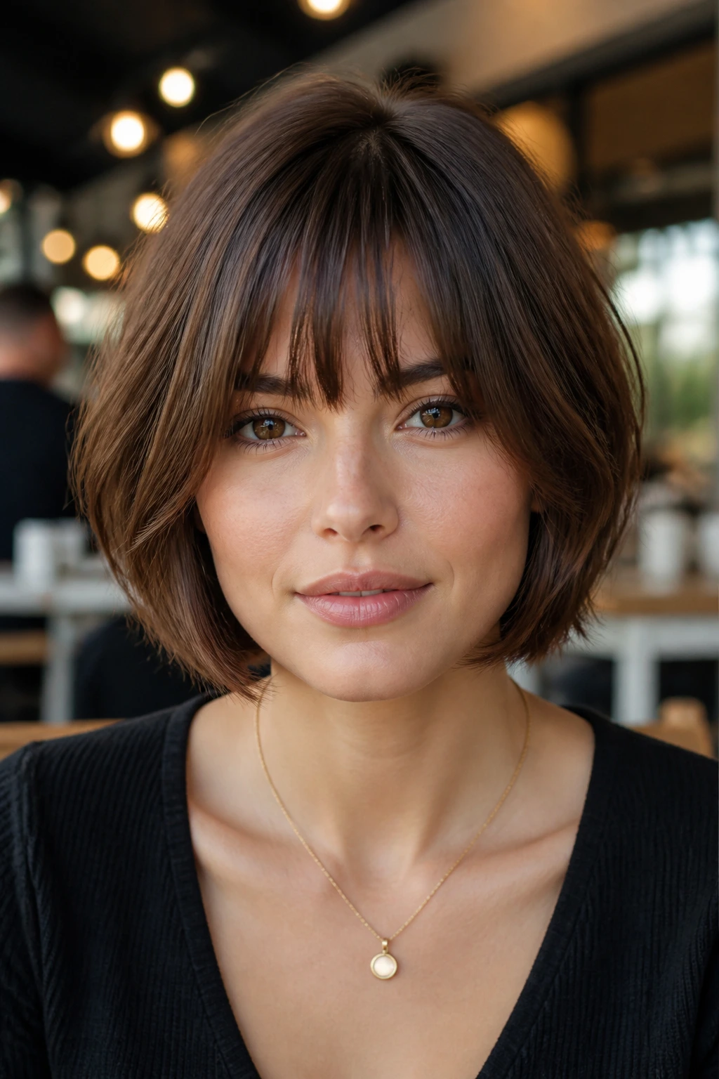 Portrait of a real person with chin-length bob and soft fringe.