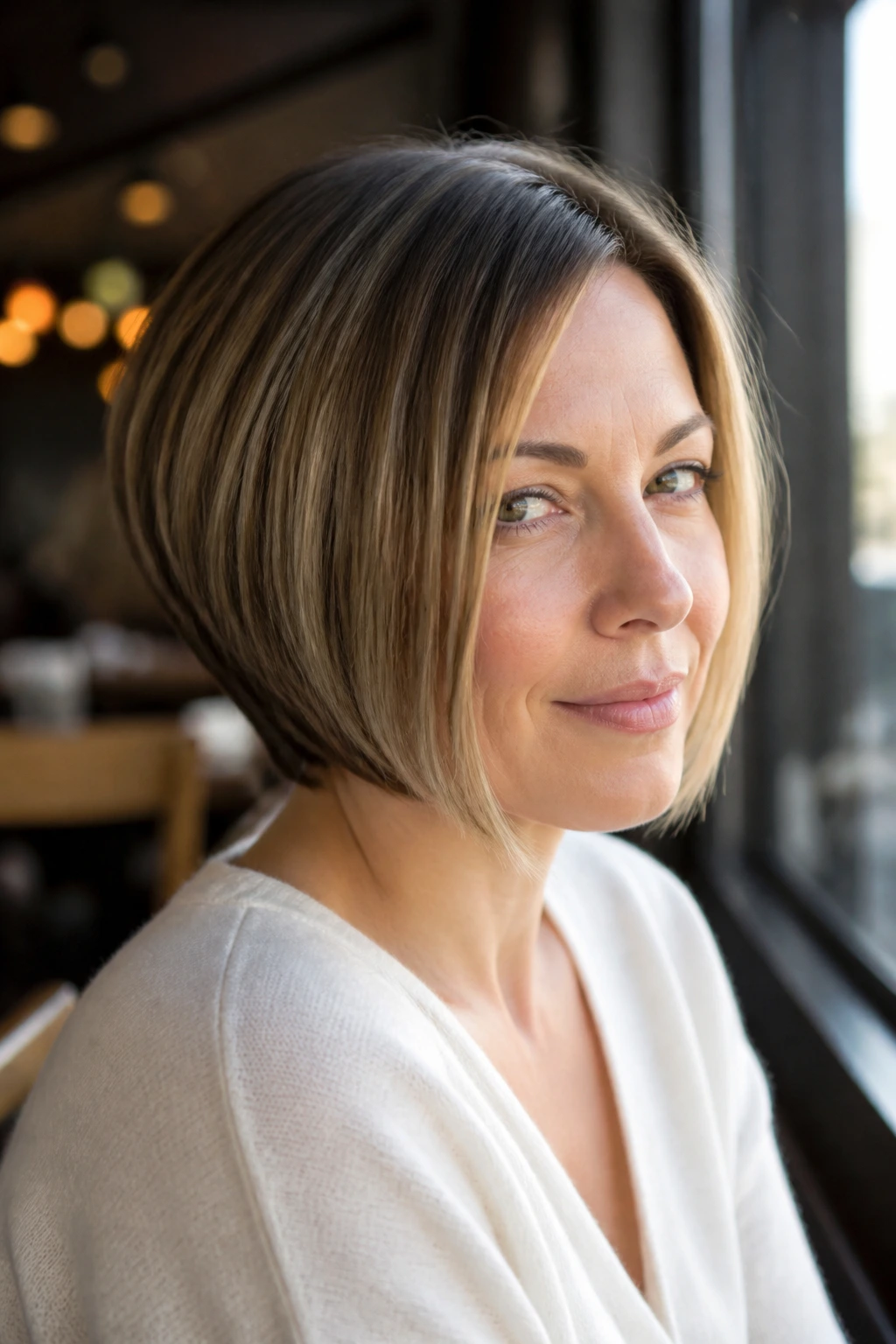 Close-up of a woman with a chin-length graduated bob framing the face.