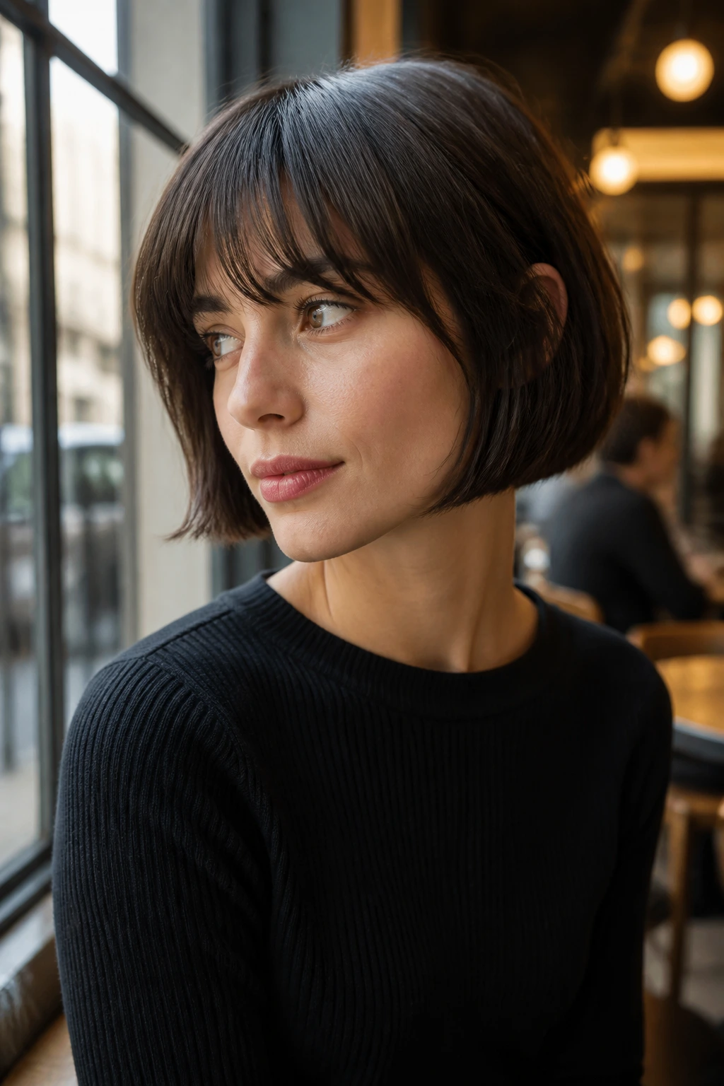 Close-up of a real woman with a chin-length blunt bob, chic and sleek.