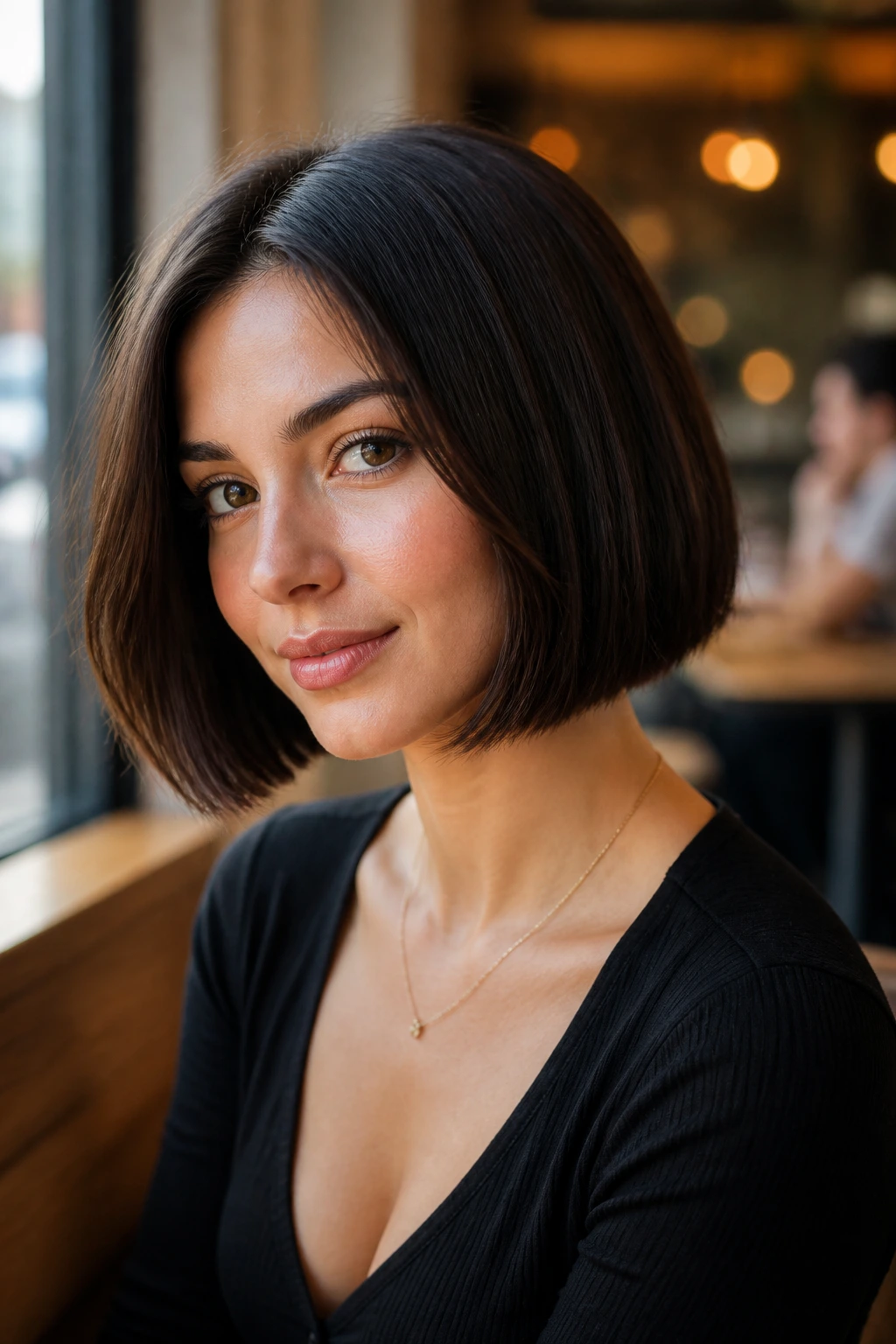 Close-up of a real woman wearing a classic chin-length blunt bob in cafe daylight