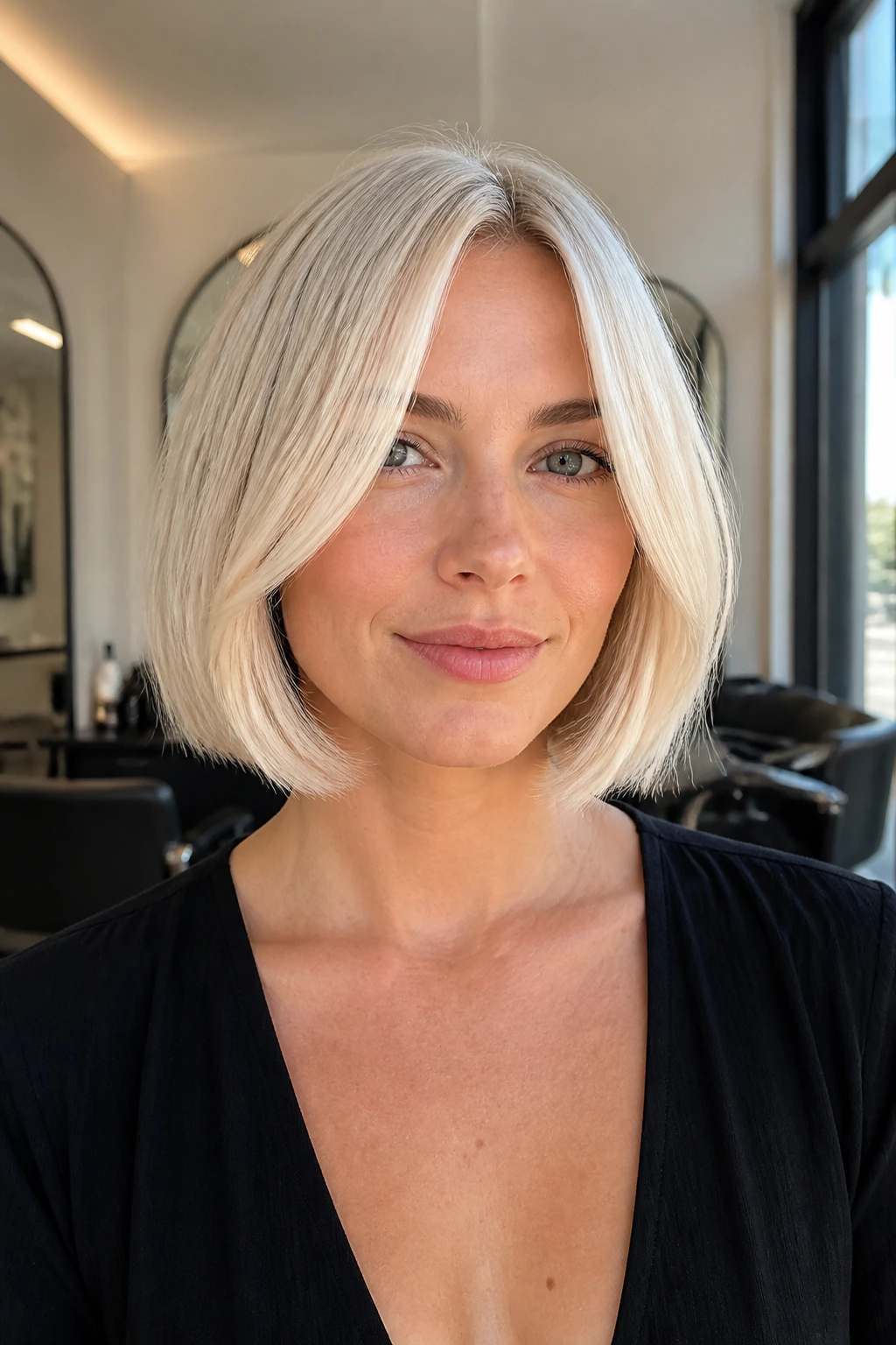 Close-up portrait of a real woman wearing a chin-length bob with face-framing layers in creamy platinum blonde