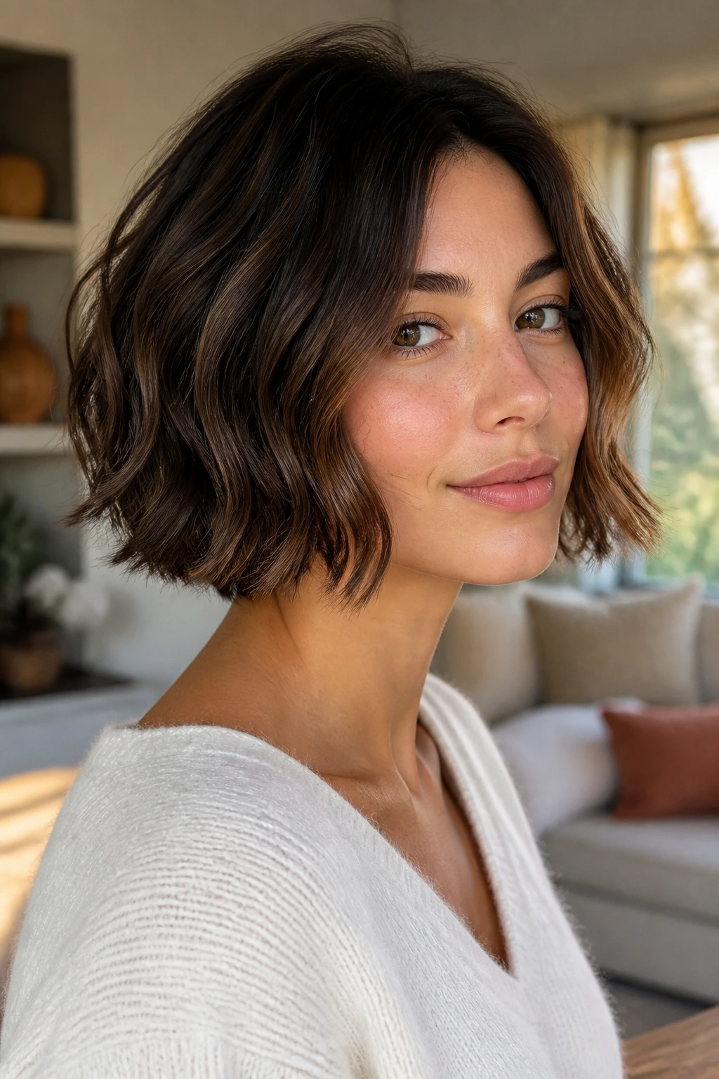 Close-up of a real woman with a chin-length wavy bob in warm window light