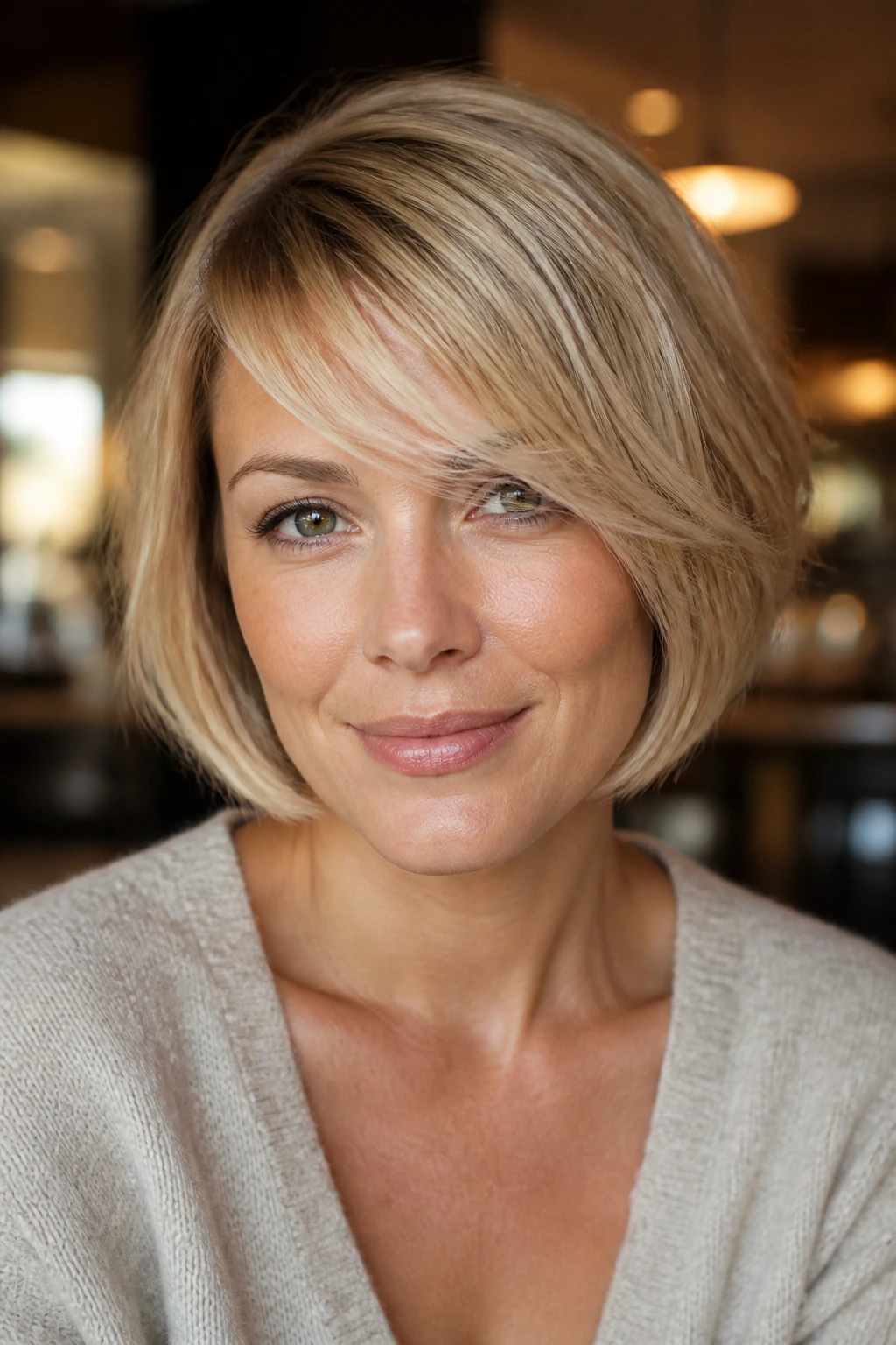 Real-person portrait showing chin-length cropped bob with side-swept fringe