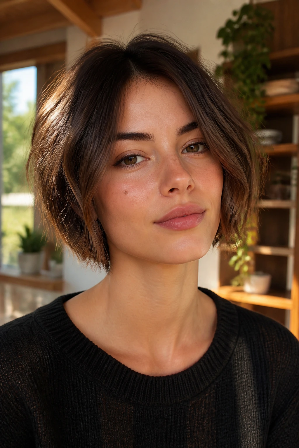 Close-up portrait of a real woman with a jaw-length textured bob in warm window light