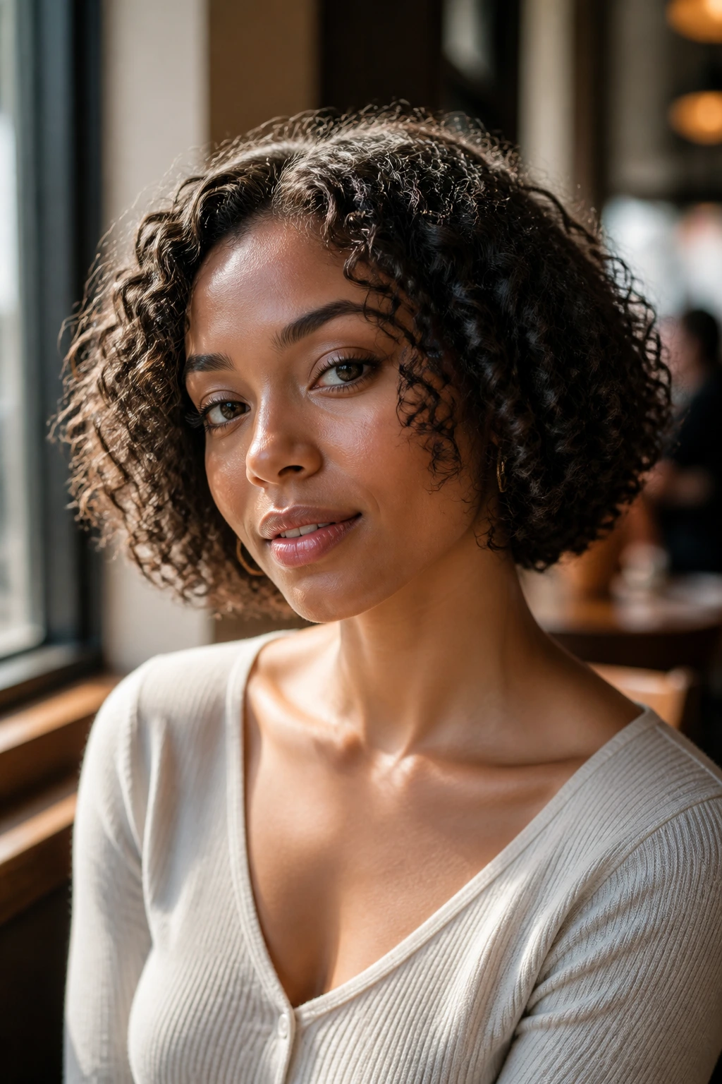 Close-up of a real woman with a chin-length curly bob under cafe light