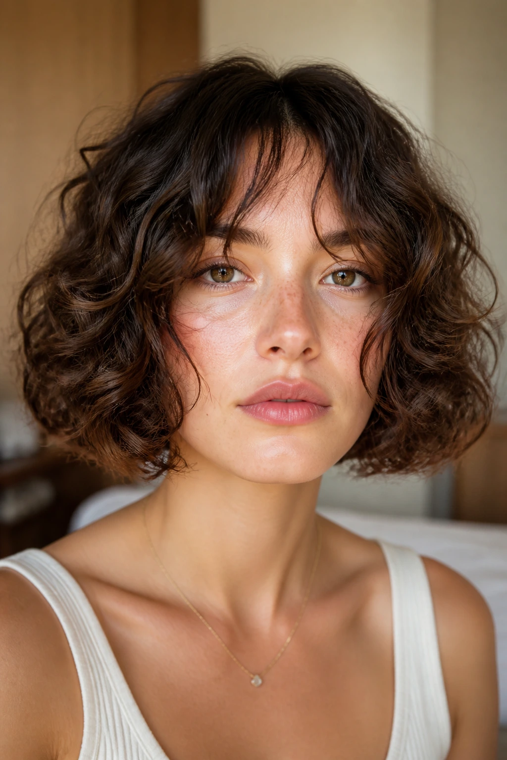 Real woman with chin-length curly bob and grown-out bangs in natural daylight.