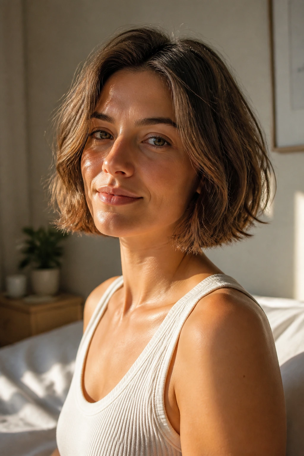 Close-up of a woman with a chin-length haircut in morning light, highlighting volume and quick-dry styling.