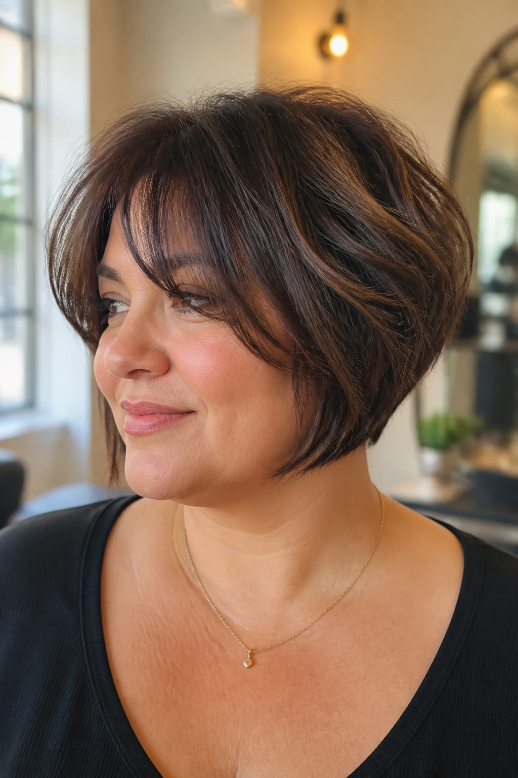Close-up of a woman with chin-length textured wedge and wispy curtain bangs in a salon