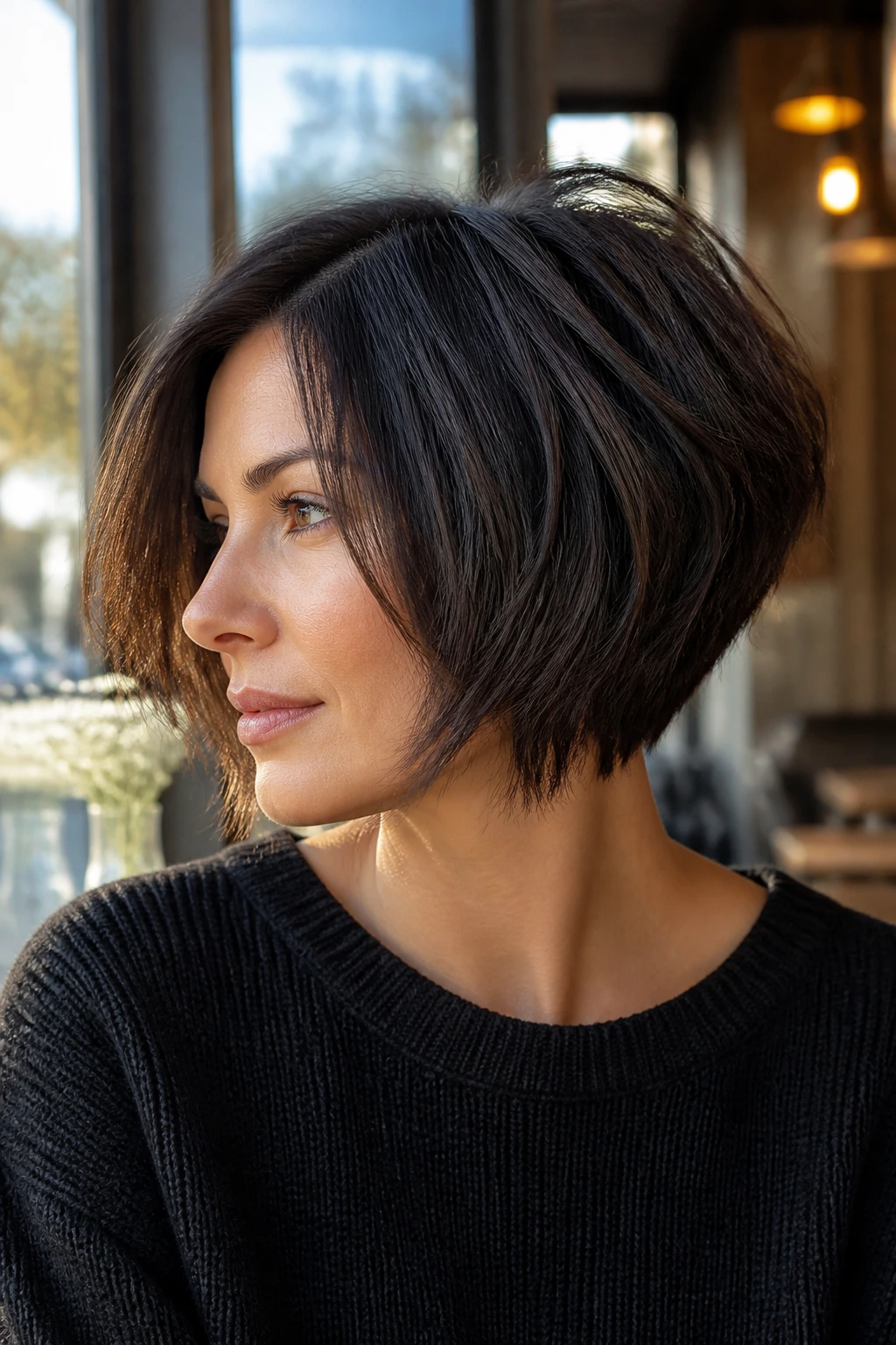Close-up of person with chin-length textured wedge haircut