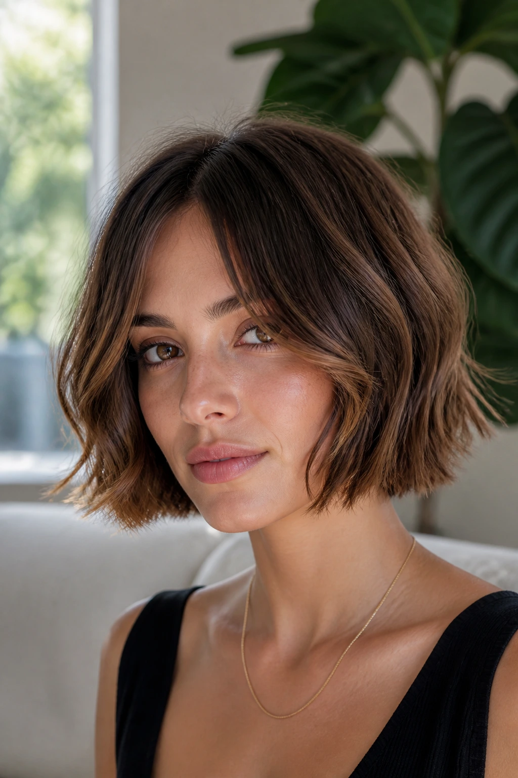 Close-up portrait of a real woman with chin-length wavy bob and cheekbone curtain bangs
