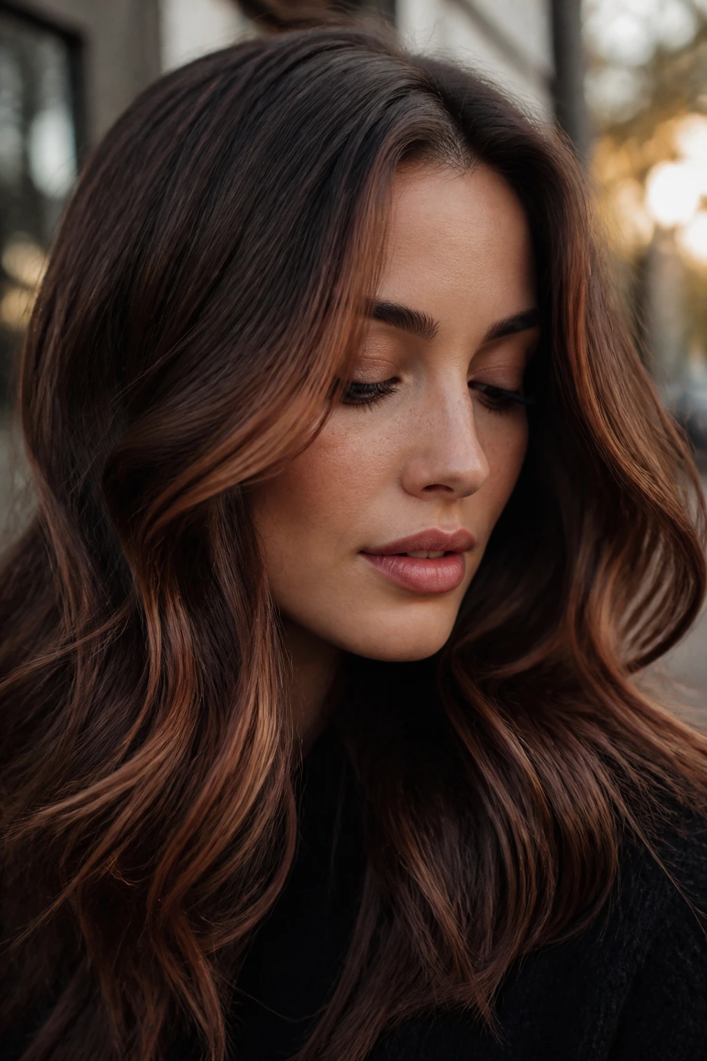 Close-up of real woman's hair with auburn ribbons woven through chocolate brown strands