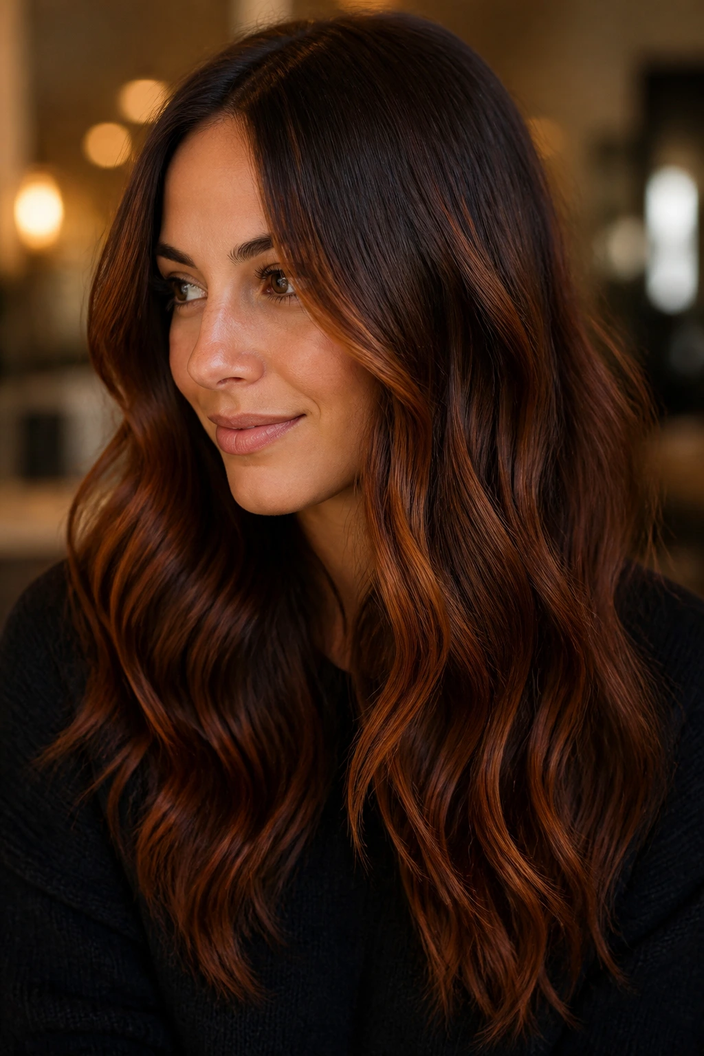 Close-up portrait of a real woman with cinnamon spice highlights on chocolate brown hair in warm indoor light