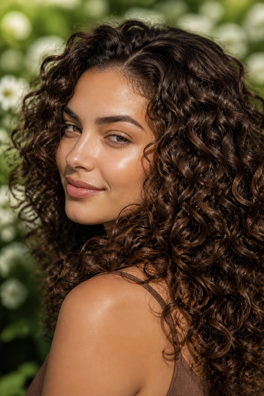 Close-up portrait of a real woman with chocolate brown curly hair showing texture and depth