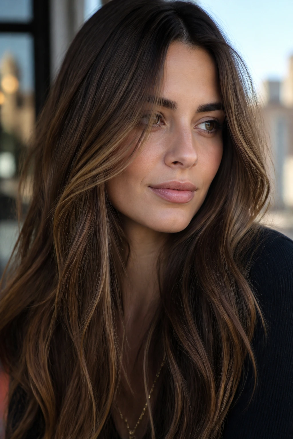 Close-up of chocolate brown hair with subtle honey babylights on a real person in warm sunlit light