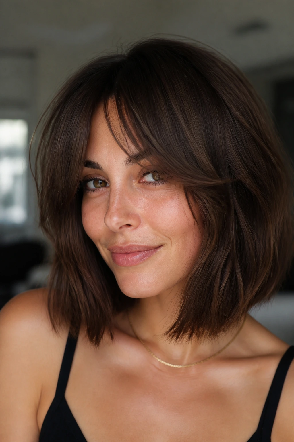 Close-up of a real woman wearing a chocolate brown lob with curtain bangs.