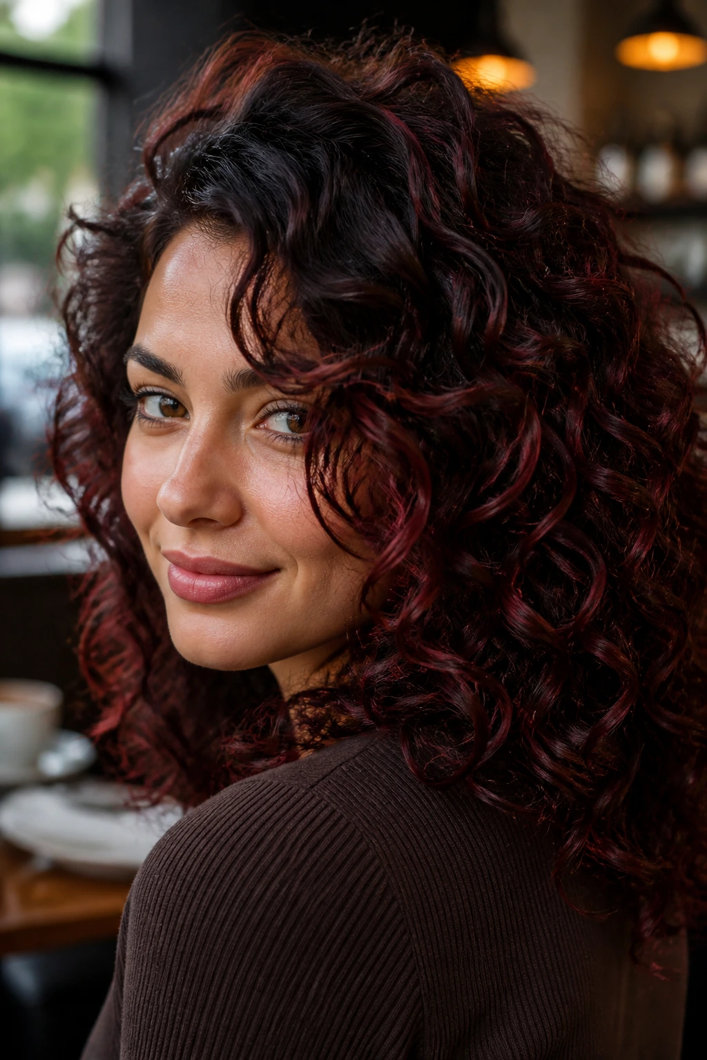 Close-up of real person with chocolate brown curls and cherry highlights