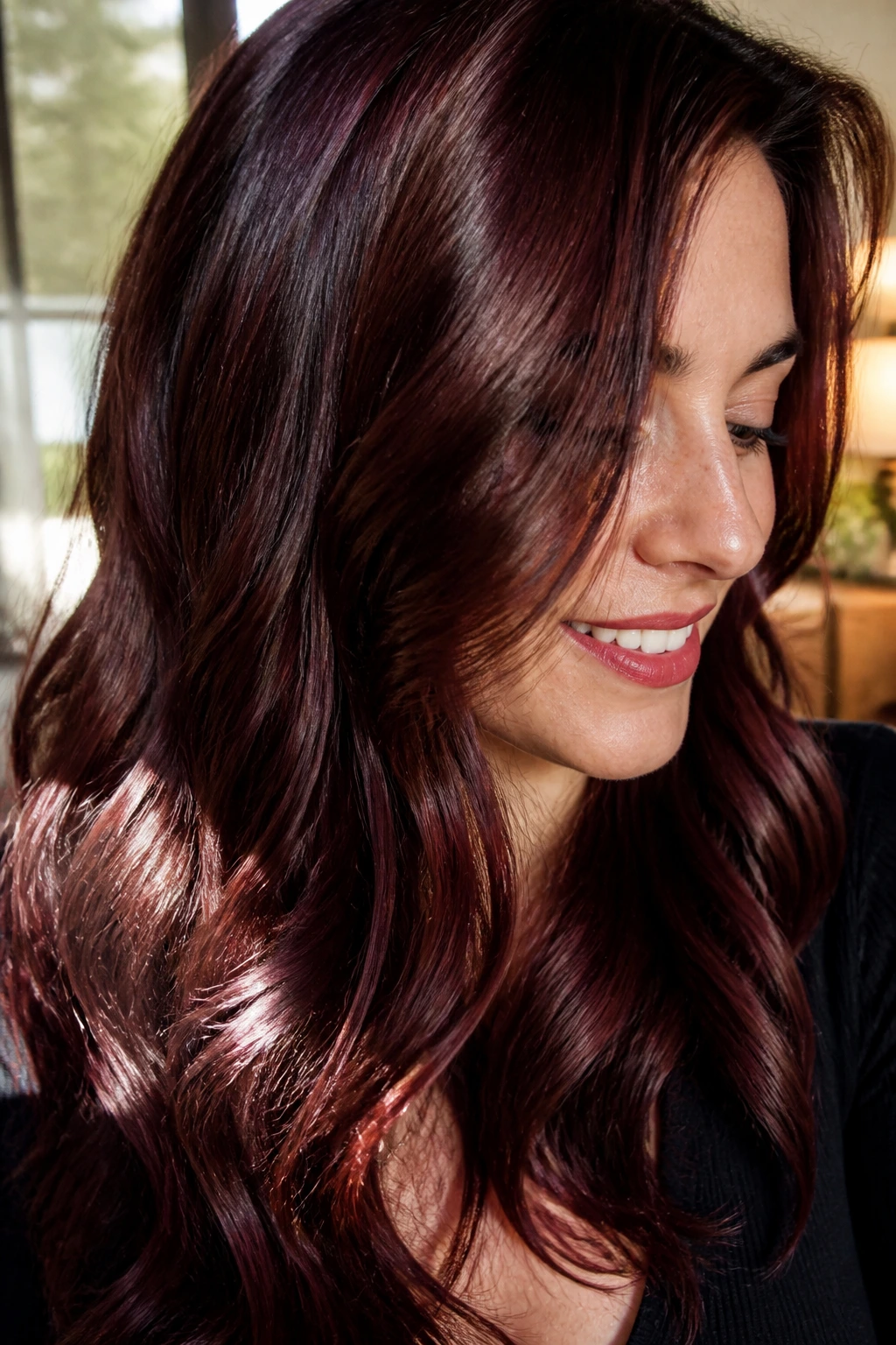 Close-up portrait of a real woman with chocolate cherry mahogany hair showing burgundy undertones in sunlight