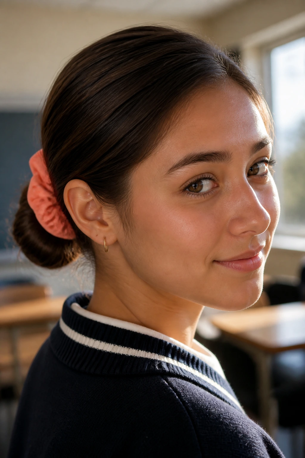 Close-up of chocolate hair in a sleek low bun with coral scrunchie in a classroom setting
