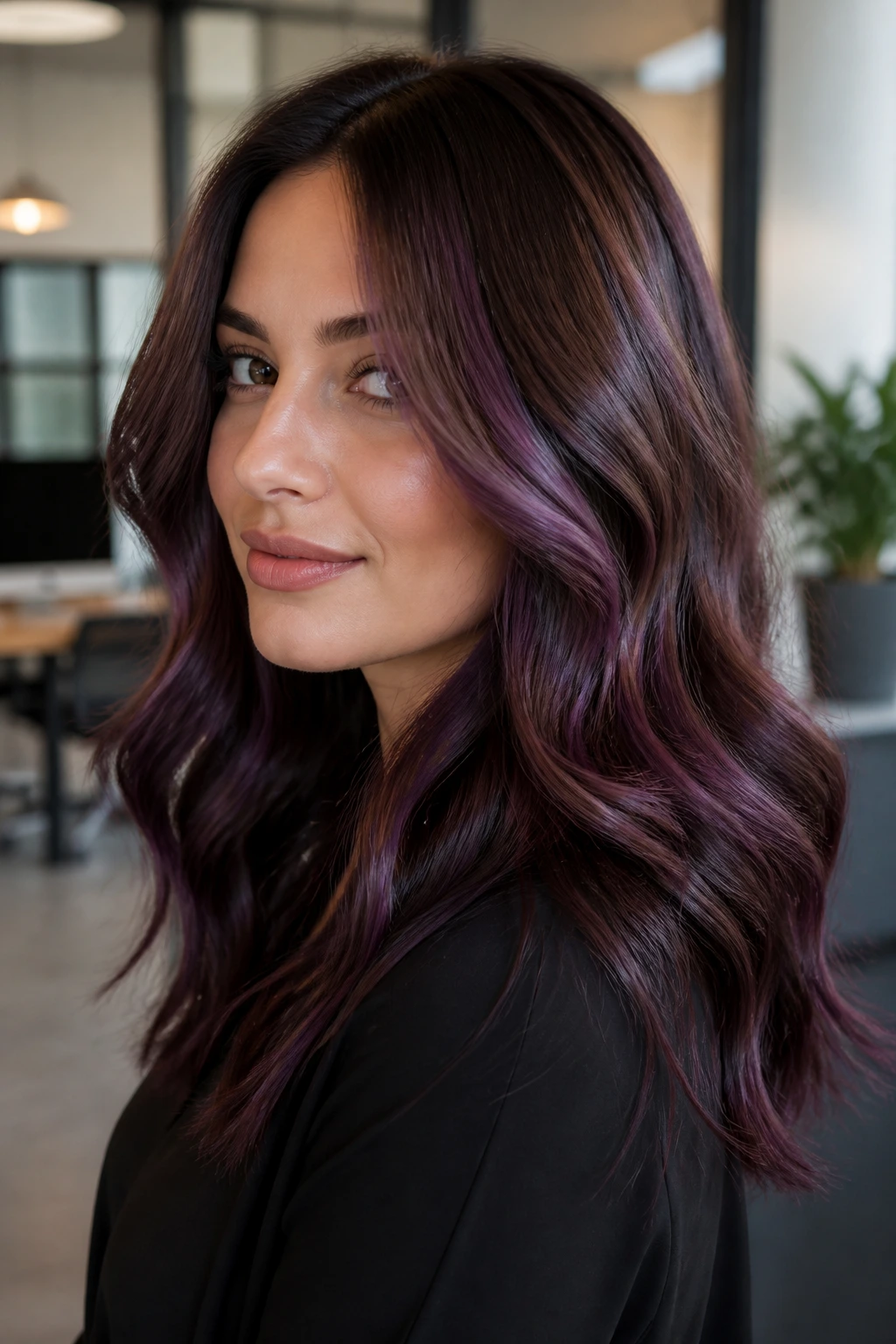 Close-up portrait of a woman with chocolate-violet hair in an office setting