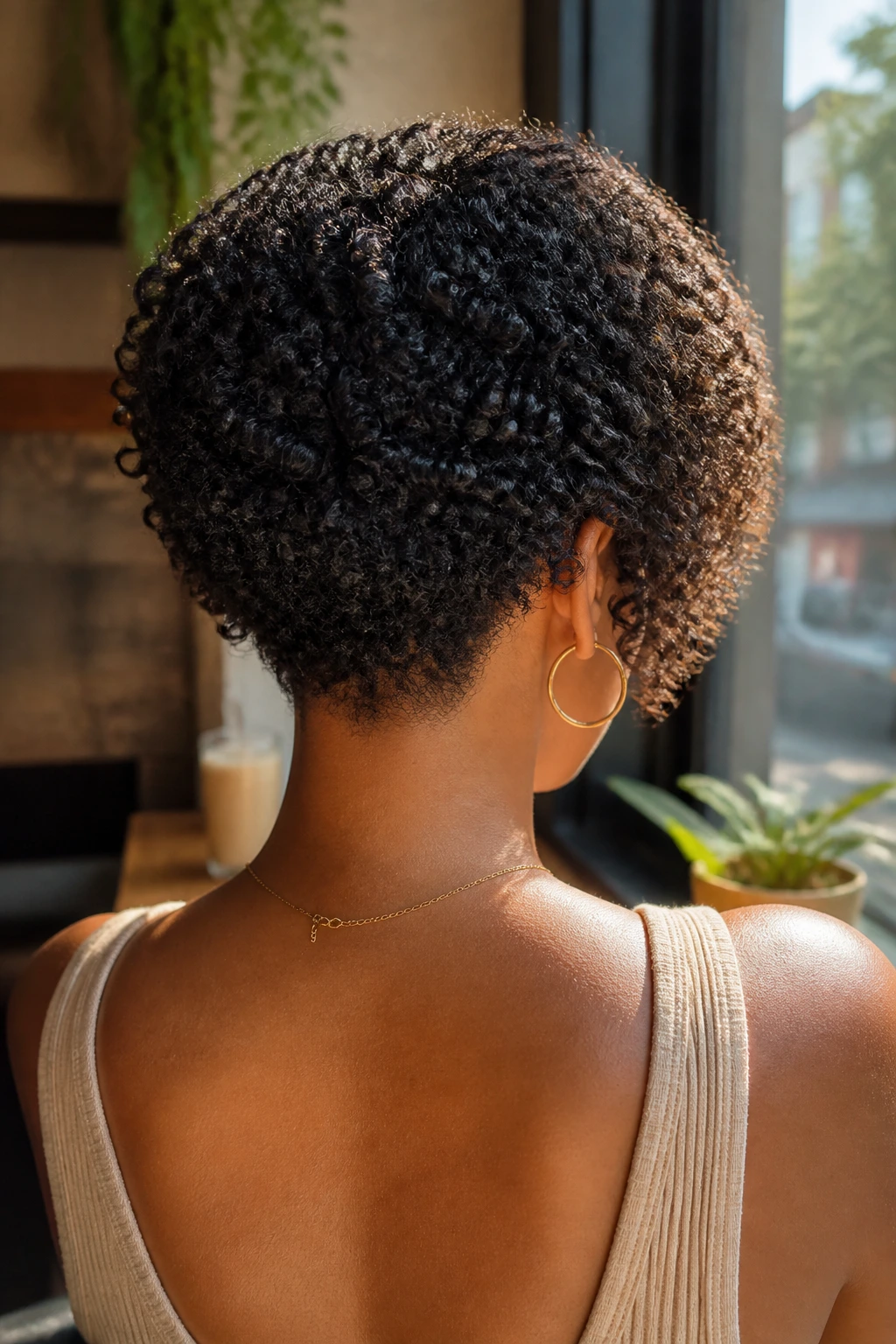 Back view of a real woman with a transitioning chop stack haircut in a sunlit cafe