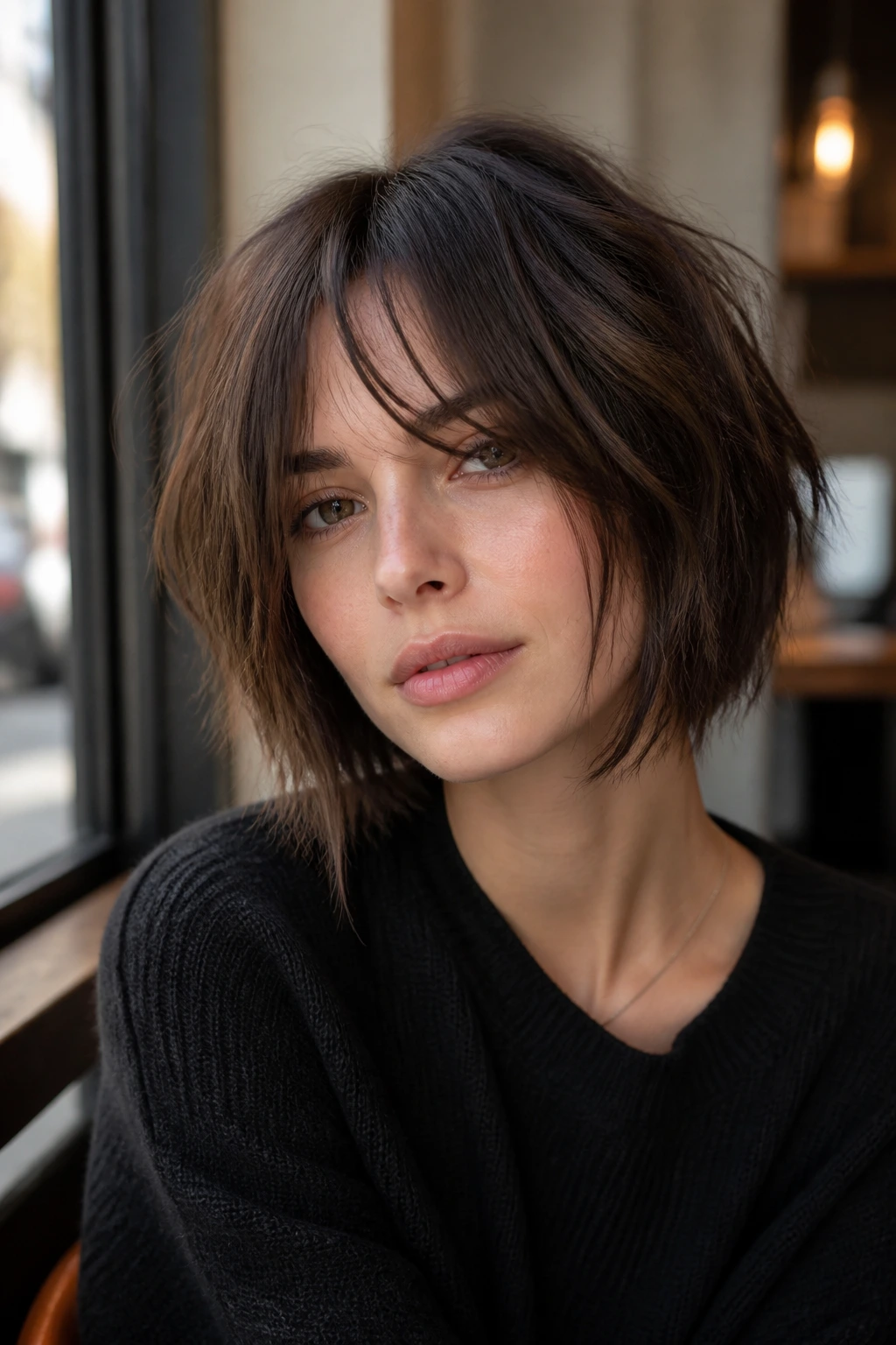Close-up portrait of a woman with a choppy layered angled bob and wispy curtain bangs.