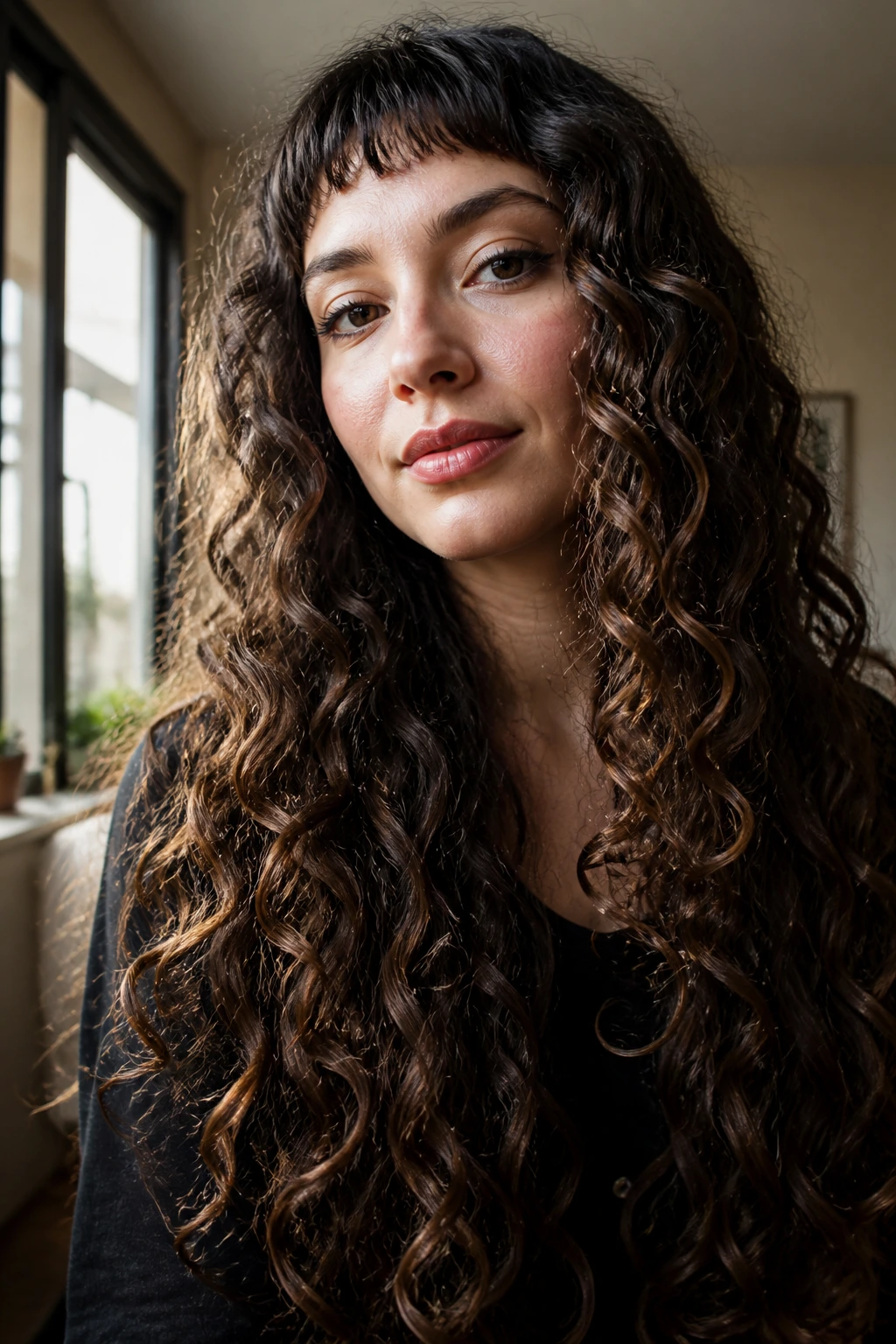 Portrait of a woman with choppy baby bangs and long spiral curls