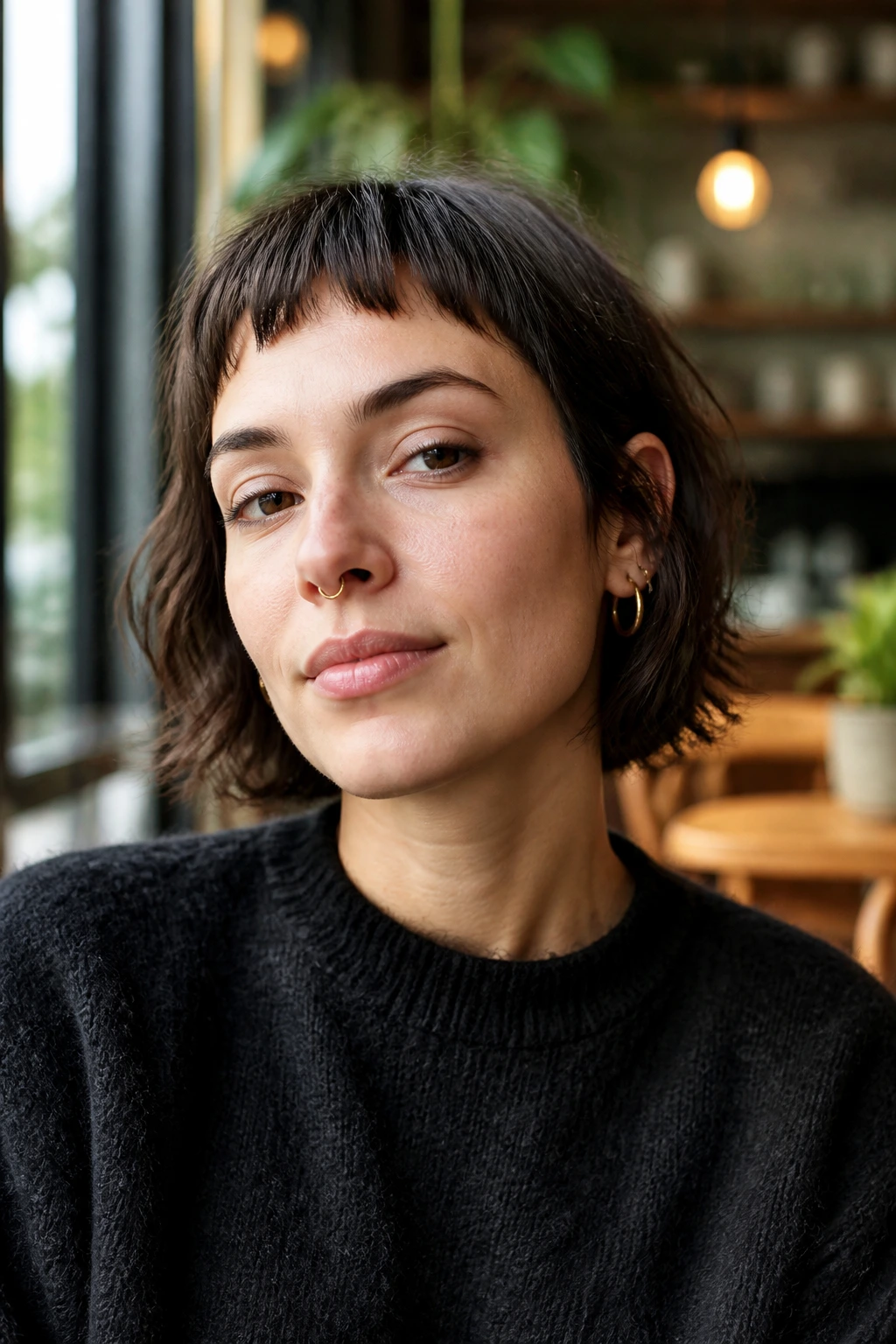 Close-up of a real person with choppy baby bangs above the brows