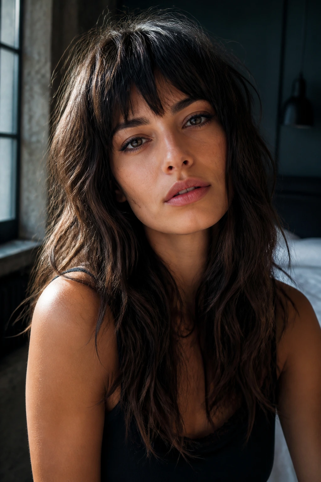 Close-up of a real person with choppy piece-y bangs and bedhead waves