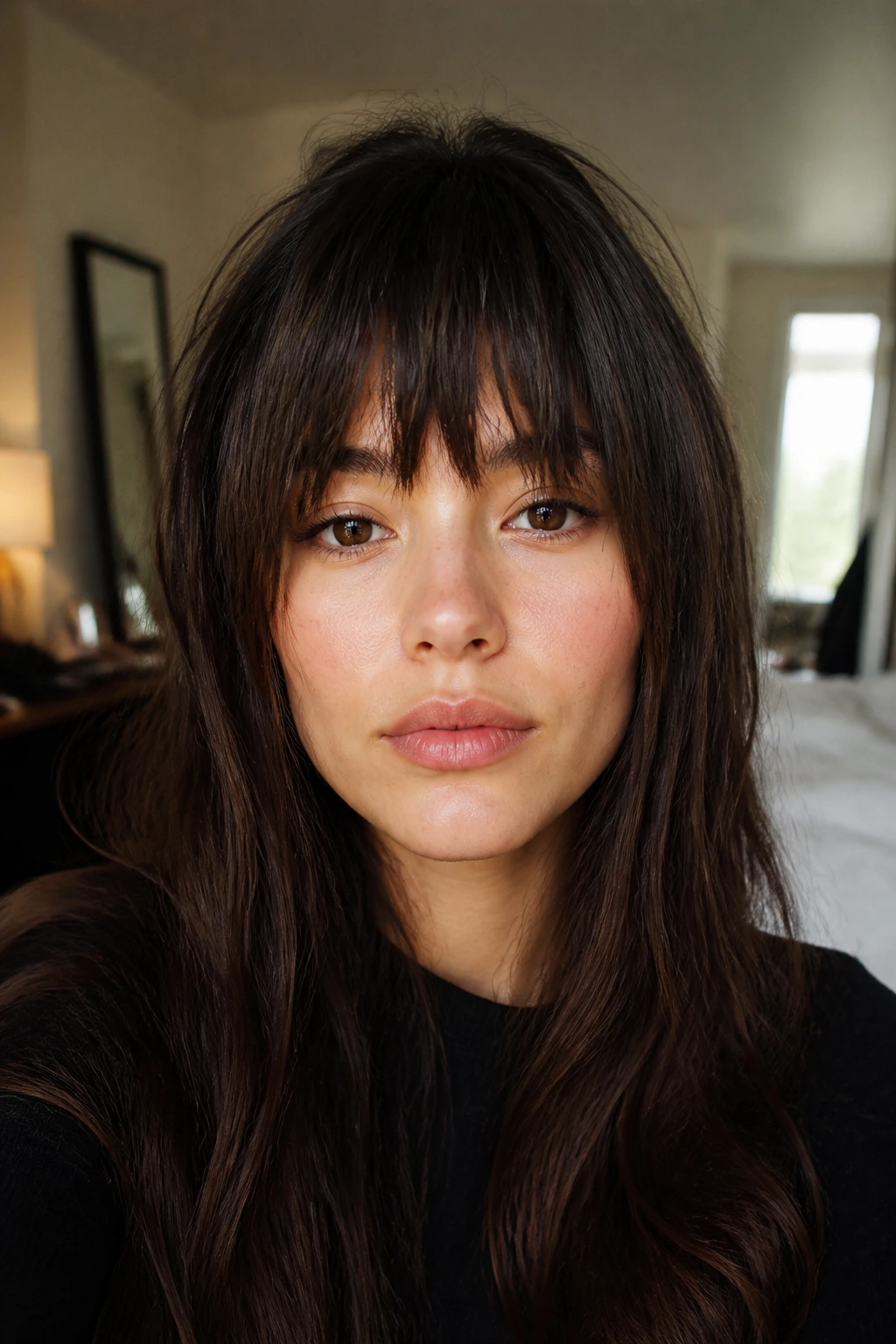 Close-up of a real woman with choppy messy heavy bangs in a warm bedroom.