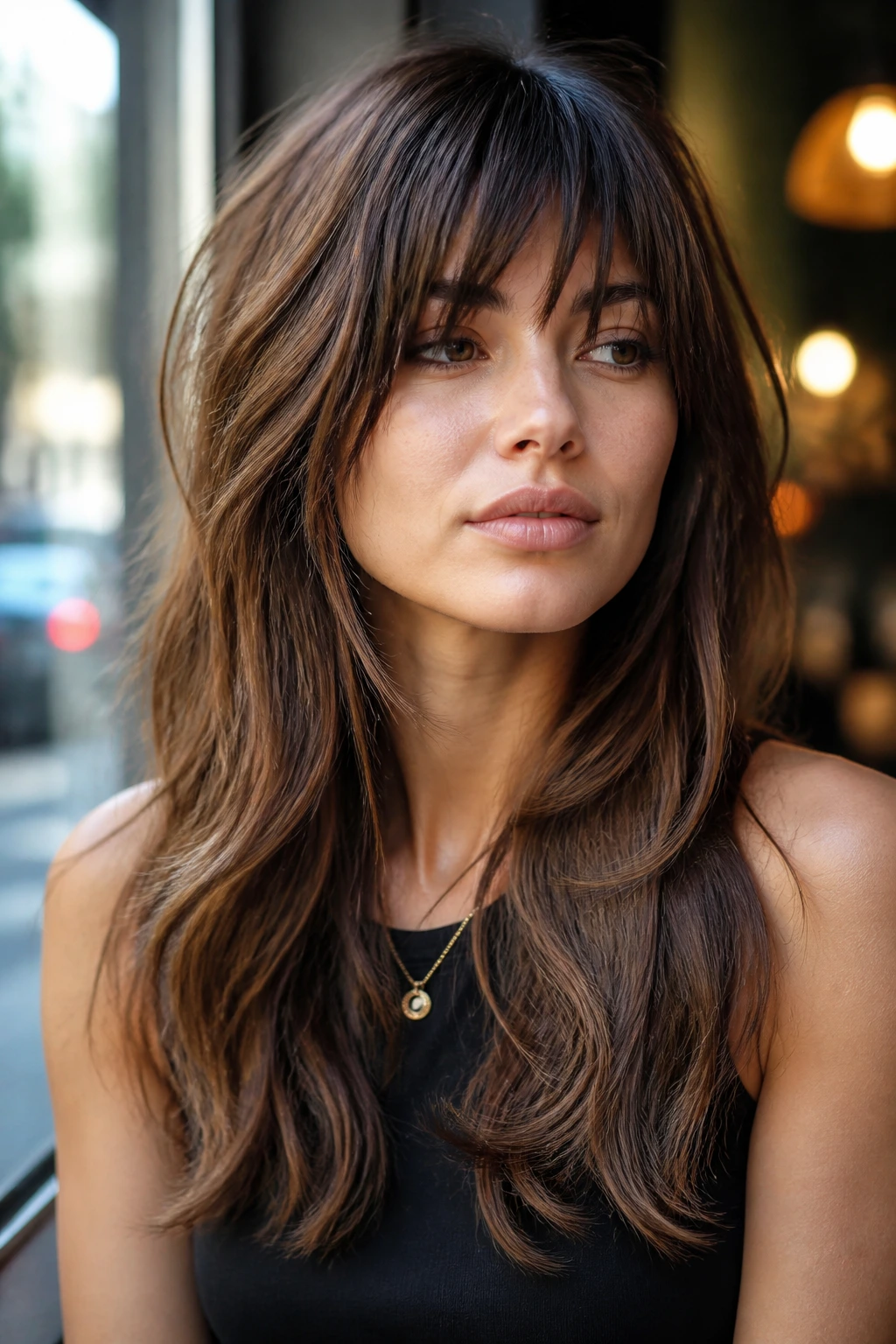 Real woman with choppy shattered bangs and long U-cut layers in urban cafe light