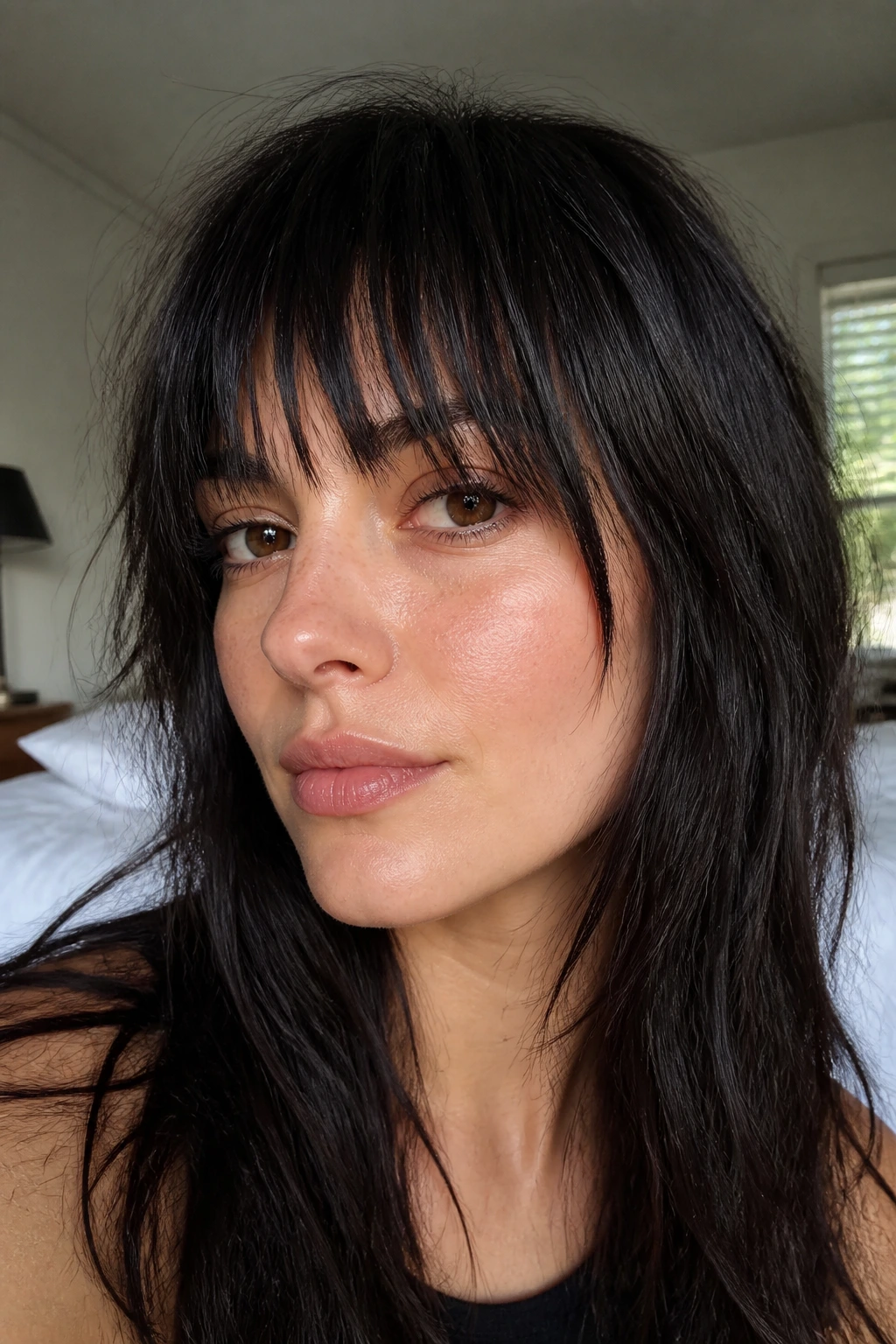 Close-up of a real woman with choppy texturized straight bangs and thick hair, natural window light