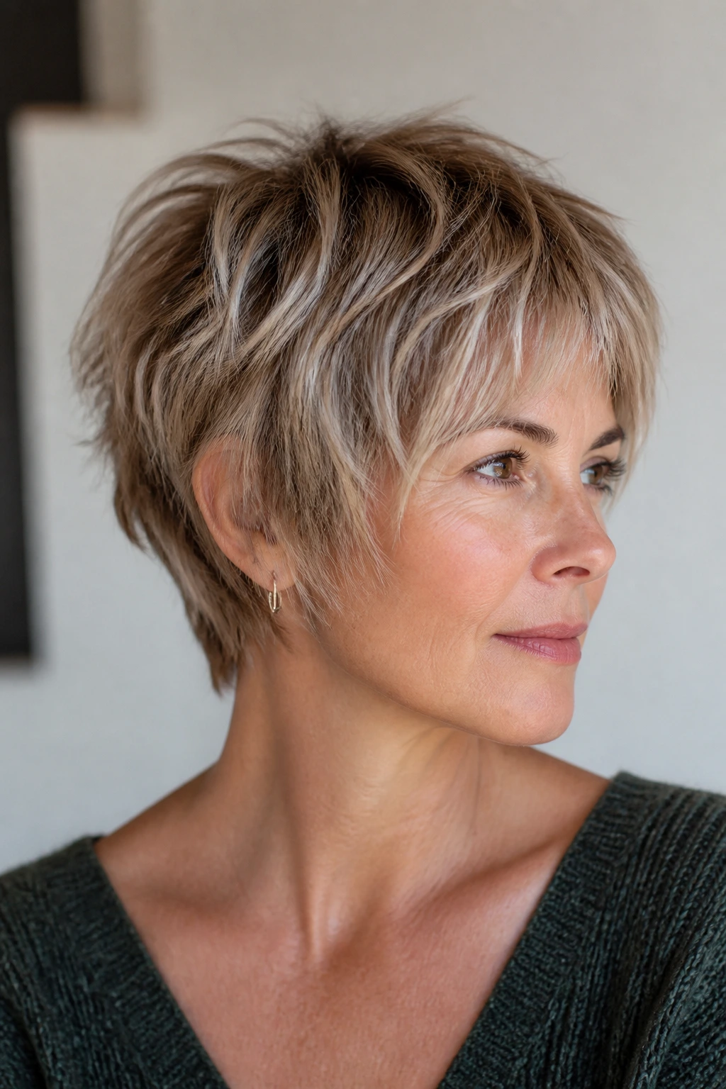 Portrait of a woman with a choppy bixie cut showing textured layers.