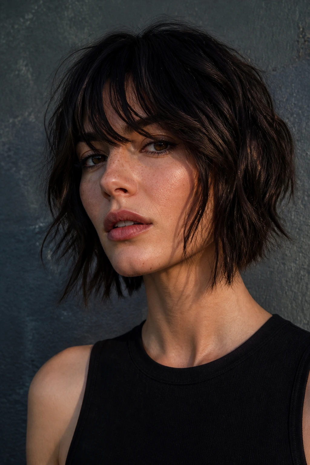 Close-up of a real woman with a choppy uneven bob and asymmetrical bangs against an urban wall