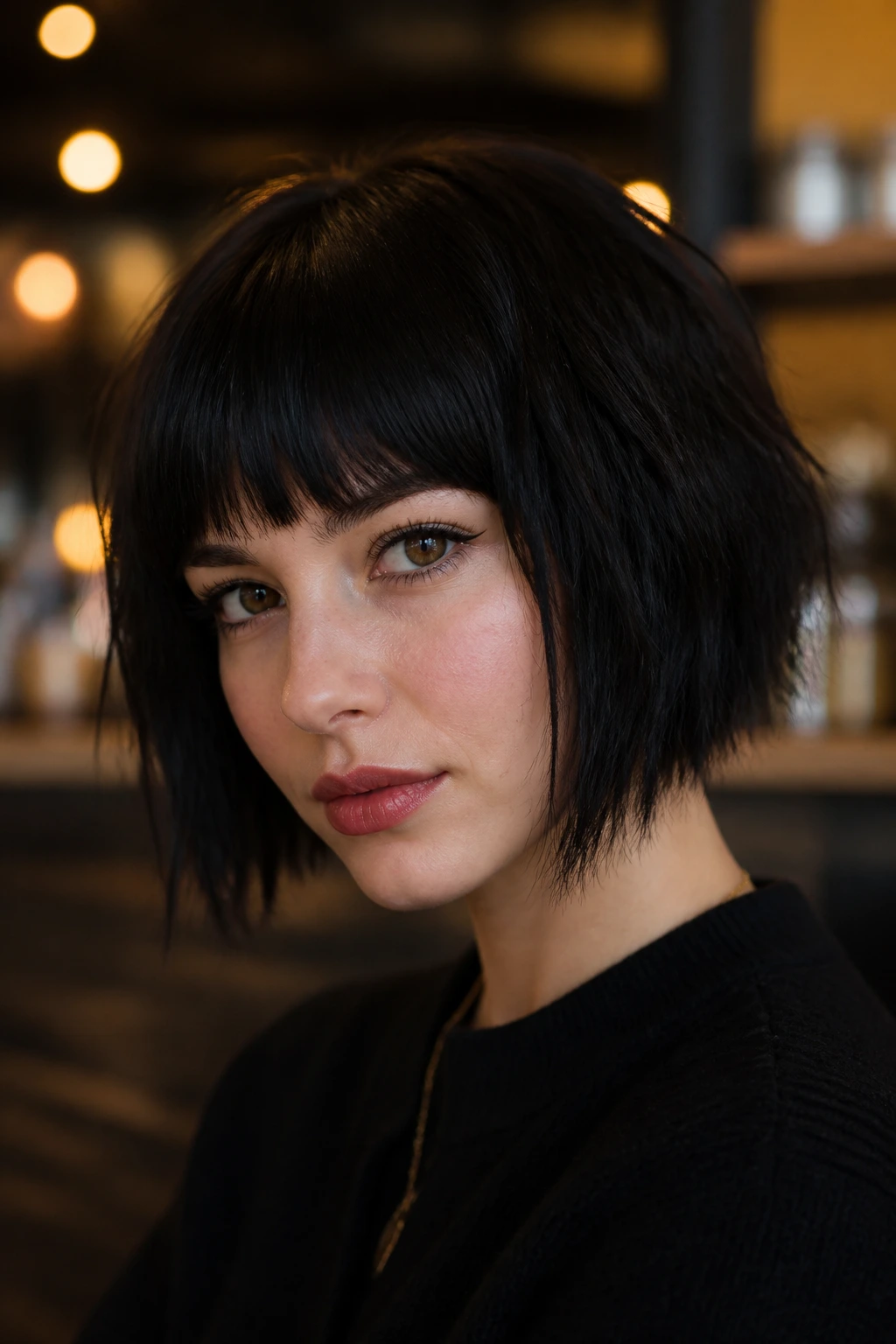 Close-up of a real person with a choppy bob and blunt bangs