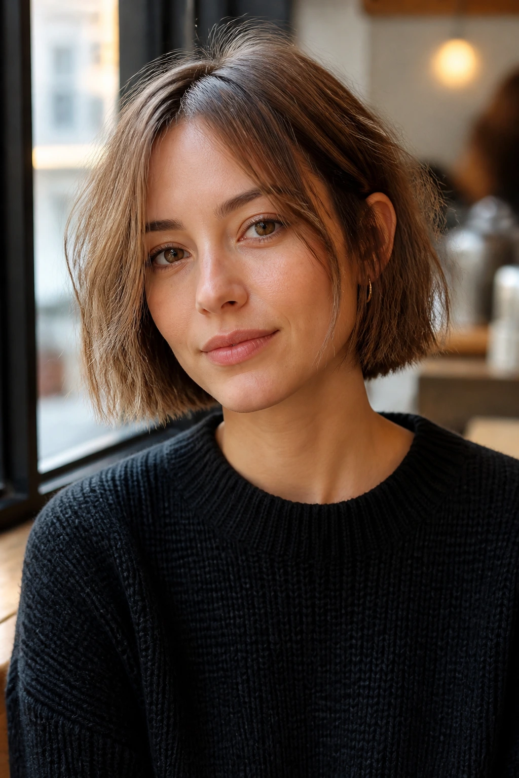 Real woman with choppy bob and blunt ends