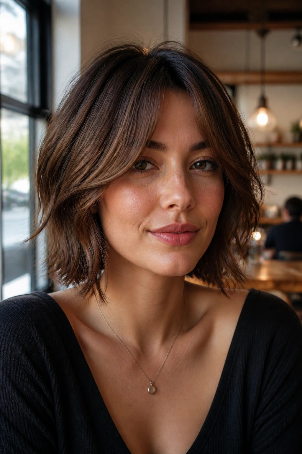 Portrait of a woman with a choppy bob and curtain bangs in a cozy cafe.