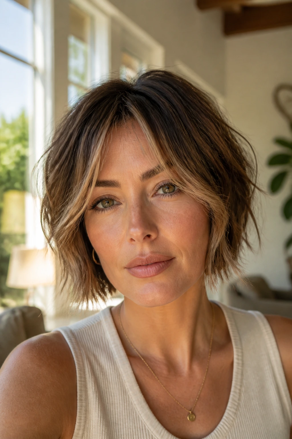 Portrait of a woman with a choppy bob and wispy bangs.