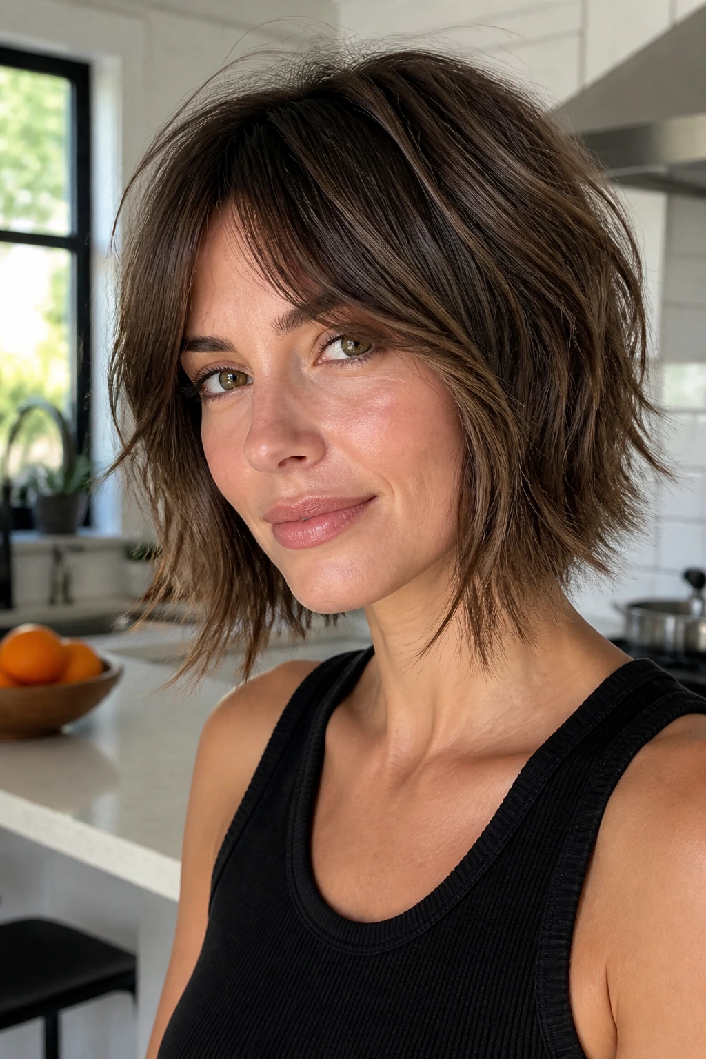 Real person with a choppy bob and long layers in a bright kitchen