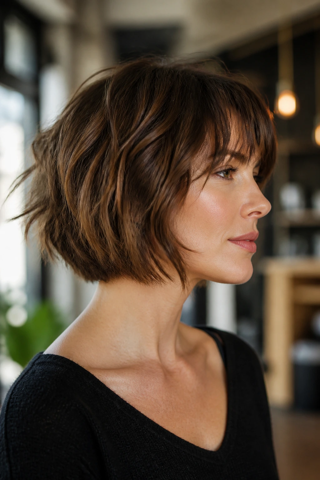 Side profile of a real woman with a choppy bob haircut
