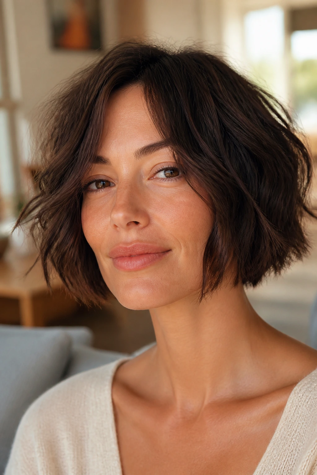 Close-up portrait of a real woman with a choppy chin-length bob and textured waves