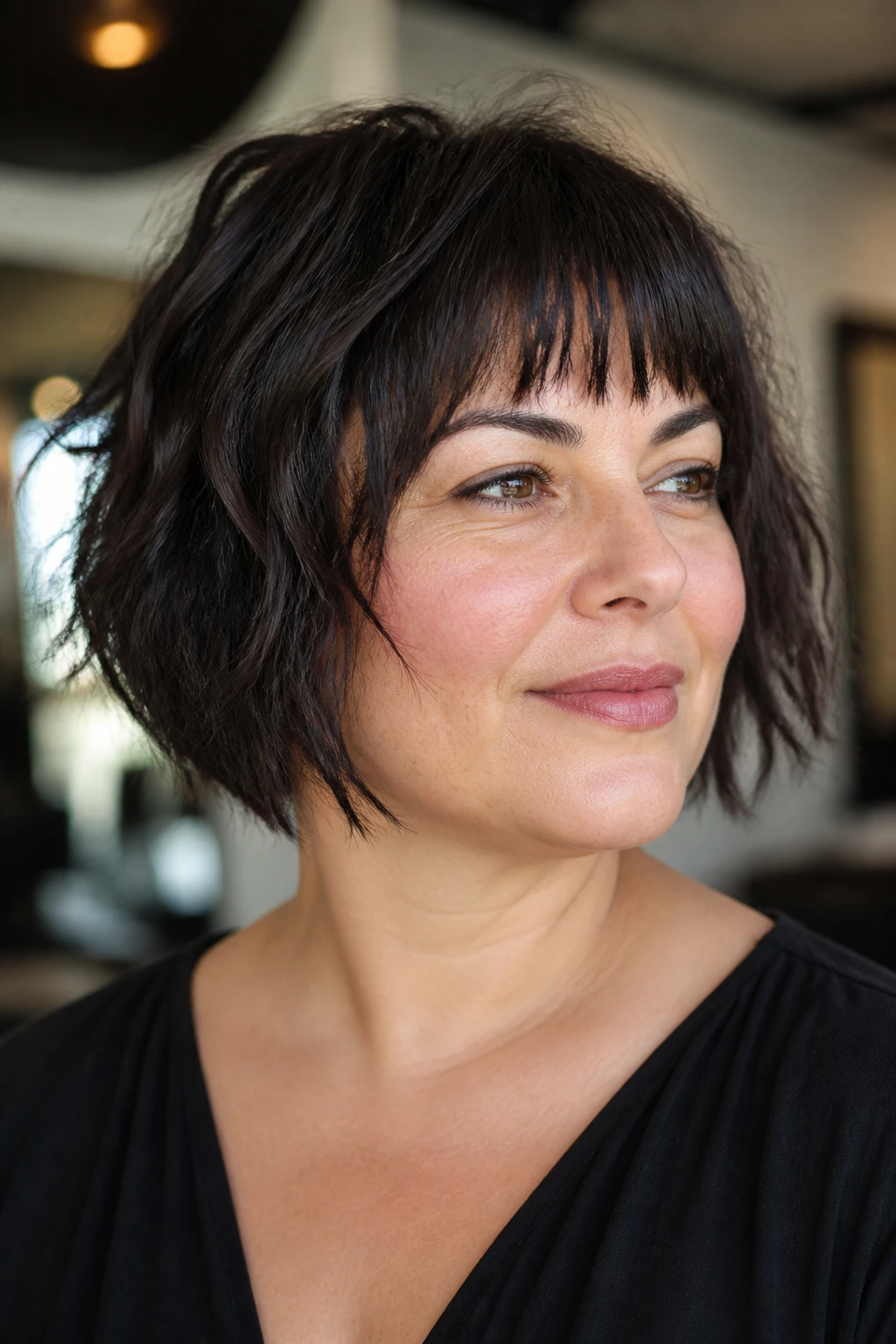 Portrait of a real woman with a choppy uneven bob showing varied lengths