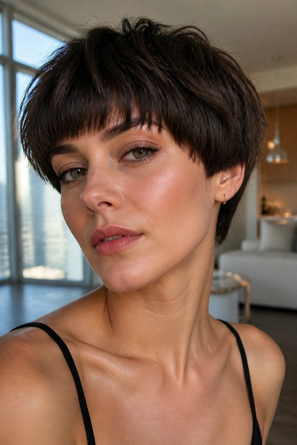 Real woman wearing a choppy bowl cut wig in a bright, daylight apartment.