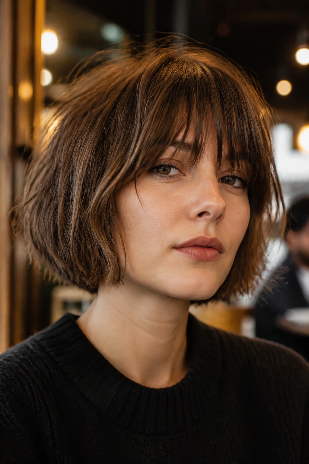 Close-up of a woman with a choppy carré French bob