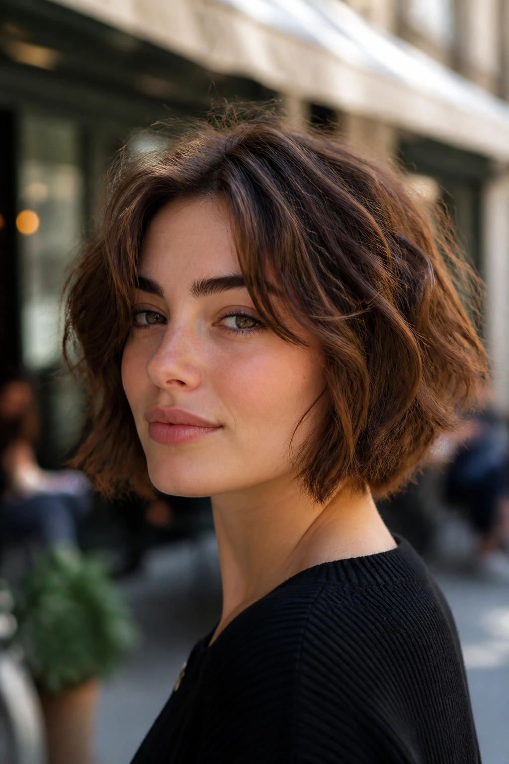 Close-up of a woman with a choppy, wavy bob showing jagged ends