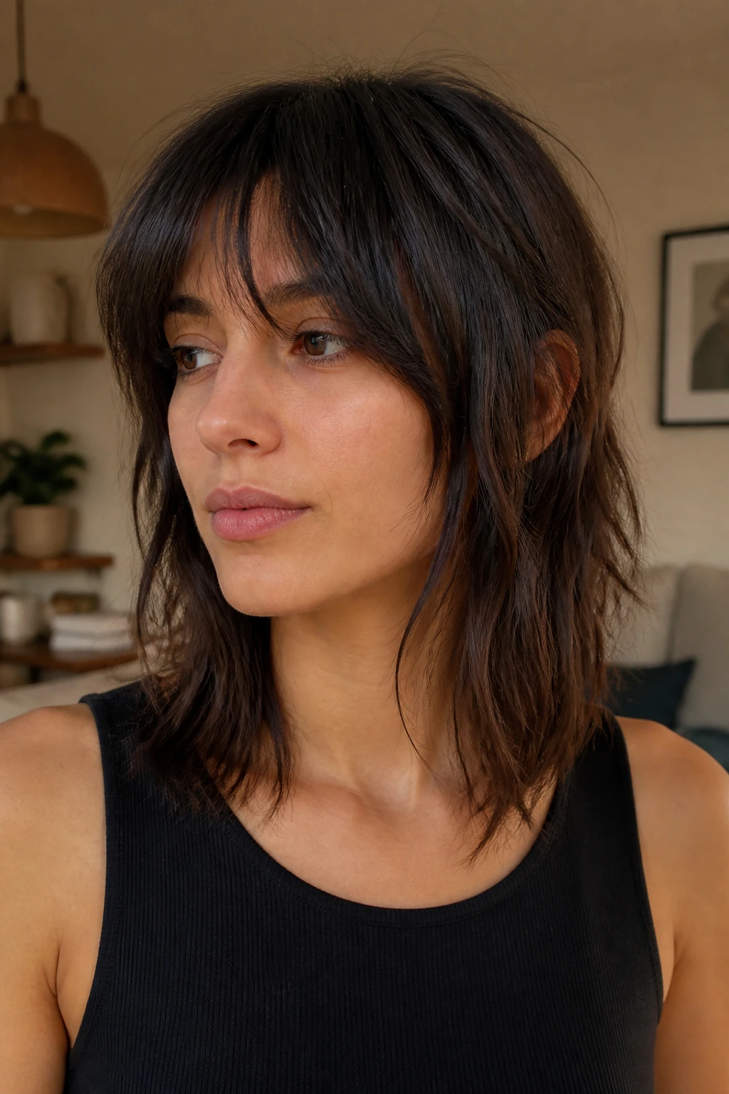 Close-up of a real woman with Choppy Collarbone-Length Bangs draping to the collarbone.