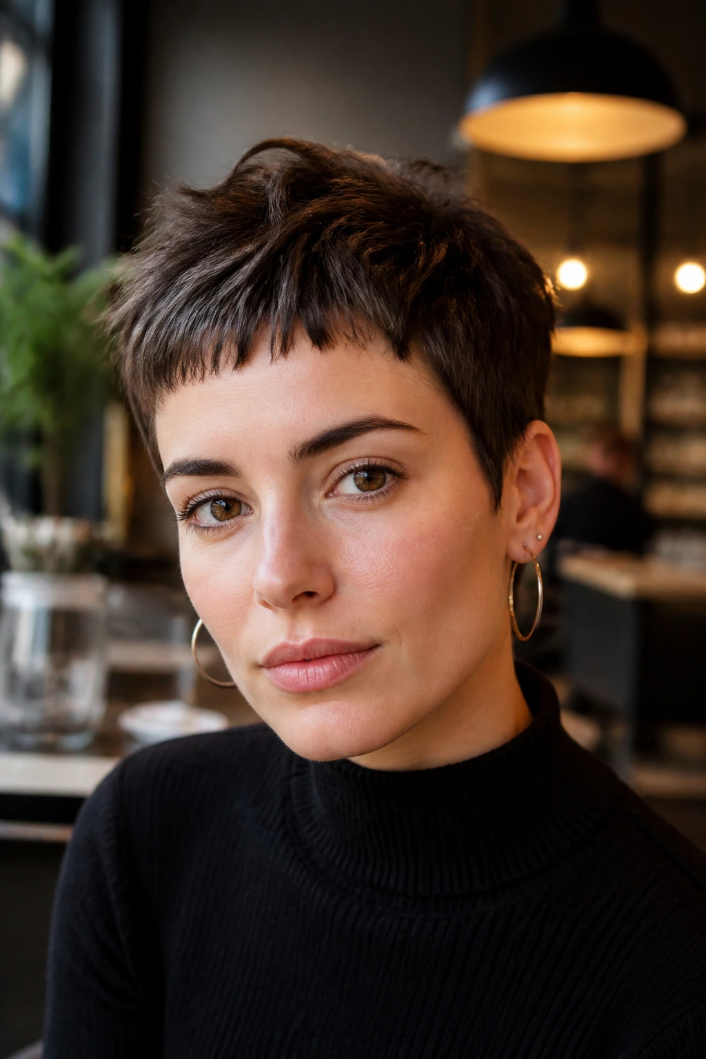 Close-up of a real person with a choppy crop and baby bangs.